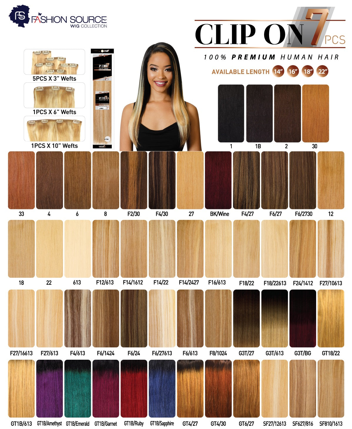 Fashion Source Human Hair CLIP ON 7 PCS- 22"