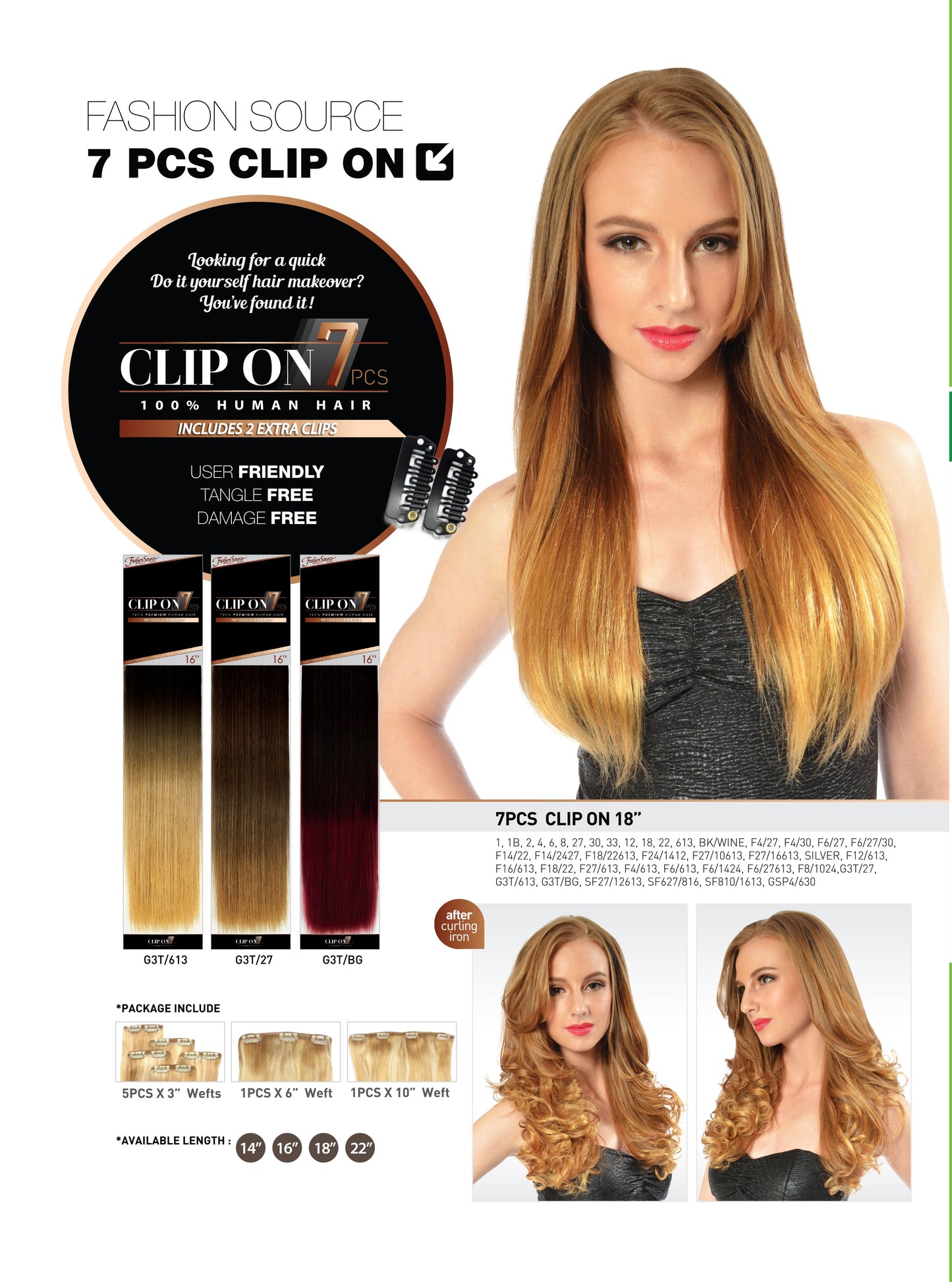 Fashion Source Human Hair CLIP ON 7 PCS- 22"