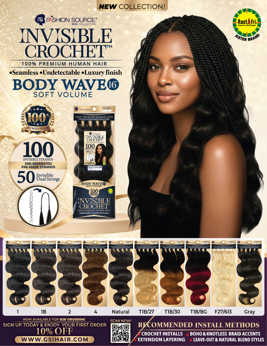 Fashion Source Human Hair Invisible Feather Crochet - Body Wave 16.5"